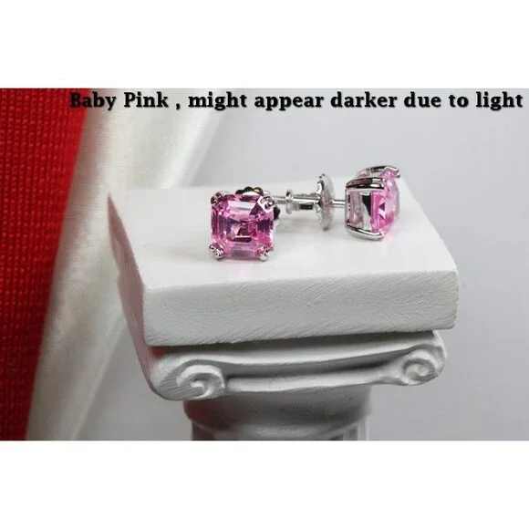 Ladies Baby Pink Step Cut Asscher 925 Silver Nickel Free Screw Back Earrings - Picture 4 of 4